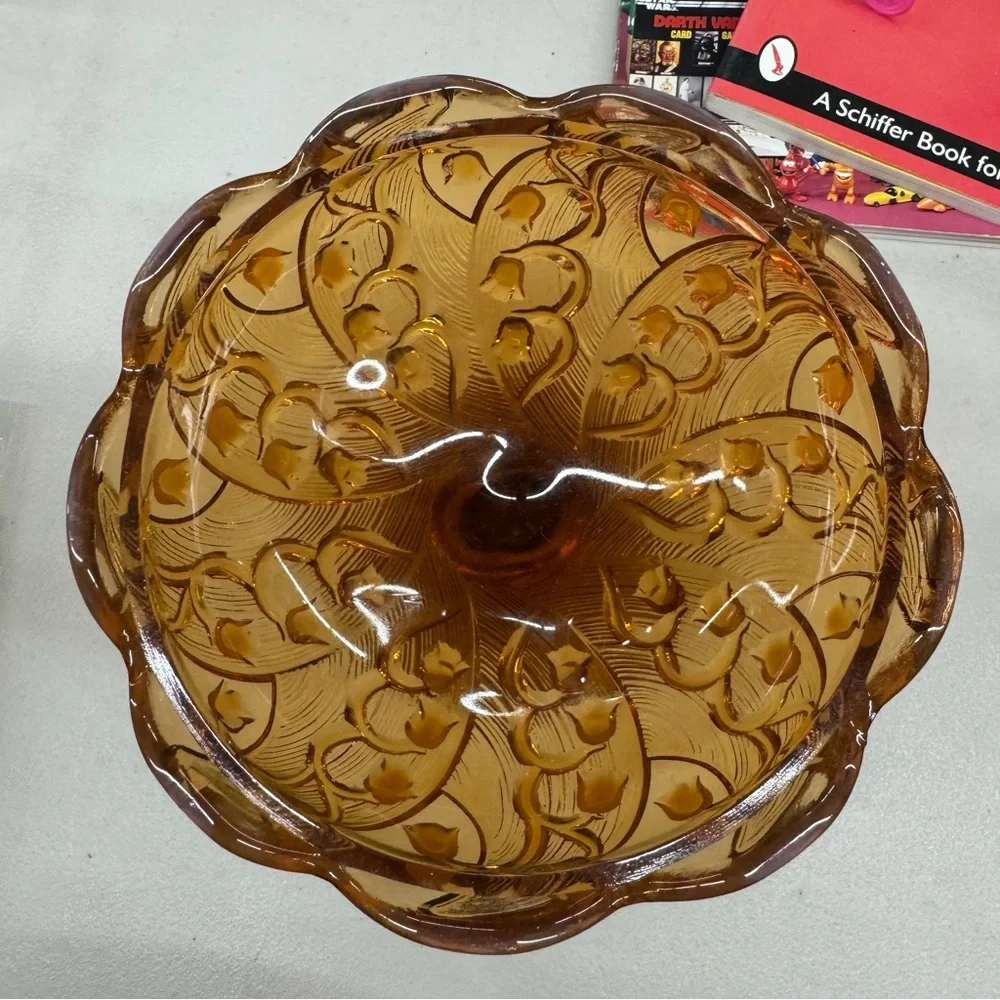 Vintage Fenton Amber Opalescent Lily of the Valley Lidded Pedestal Candy Dish